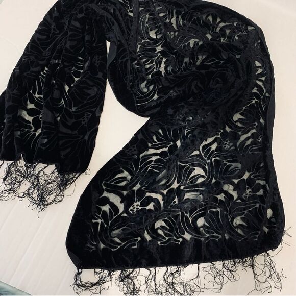 Burnout Velvet Sheer Floral Fringe Shawl Wrap Scarf Whimsigoth Date Party - Picture 3 of 8